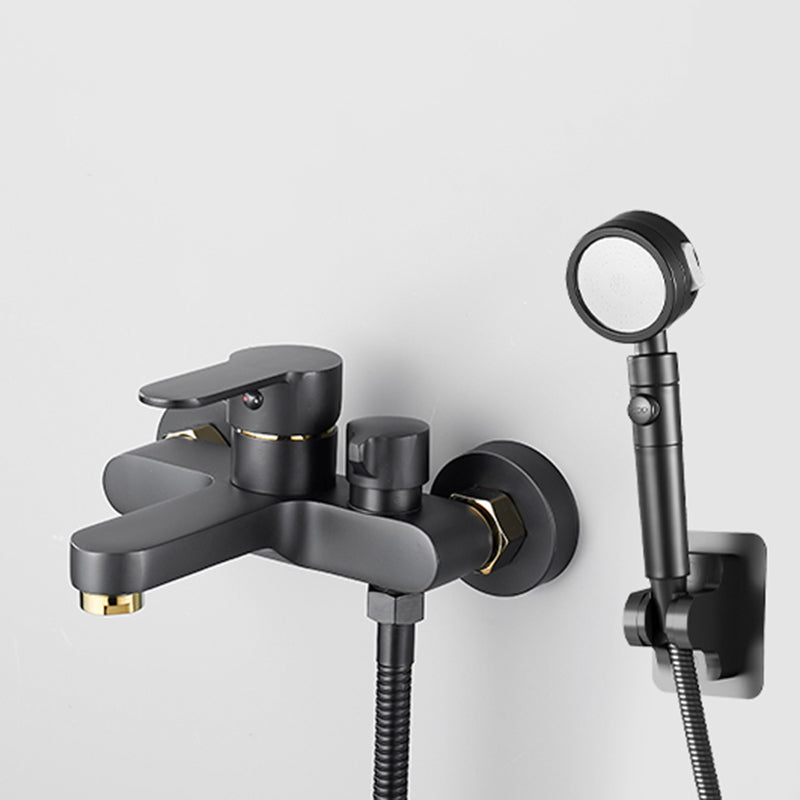 Contemporary Bath Filler Trim Wall Mounted Fixed Bathroom Faucet Black-Gold Tri-Mode Handshower Risers Not Included Clearhalo 'Bathroom Remodel & Bathroom Fixtures' 'Bathtub Faucets' 'bathtub_faucets' 'Home Improvement' 'home_improvement' 'home_improvement_bathtub_faucets' 7385821