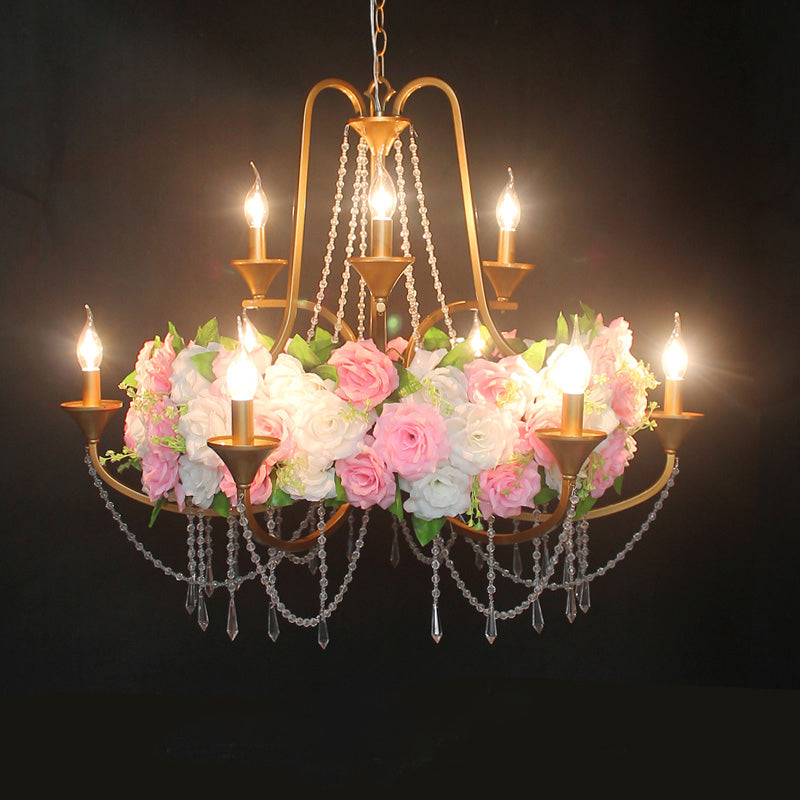 9 Lights Pendant Chandelier Antique Candelabra Iron Flower Ceiling Hang Fixture with Clear Crystal in Gold Clearhalo 'Cast Iron' 'Ceiling Lights' 'Chandeliers' 'Industrial Chandeliers' 'Industrial' 'Metal' 'Middle Century Chandeliers' 'Rustic Chandeliers' 'Tiffany' Lighting' 738583