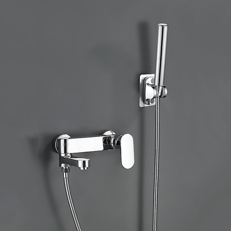 Modern Tub Filler Swivel Spout Wall Mounted Bath Faucet Trim Silver Pressurized Shower Head Risers Not Included Clearhalo 'Bathroom Remodel & Bathroom Fixtures' 'Bathtub Faucets' 'bathtub_faucets' 'Home Improvement' 'home_improvement' 'home_improvement_bathtub_faucets' 7385831