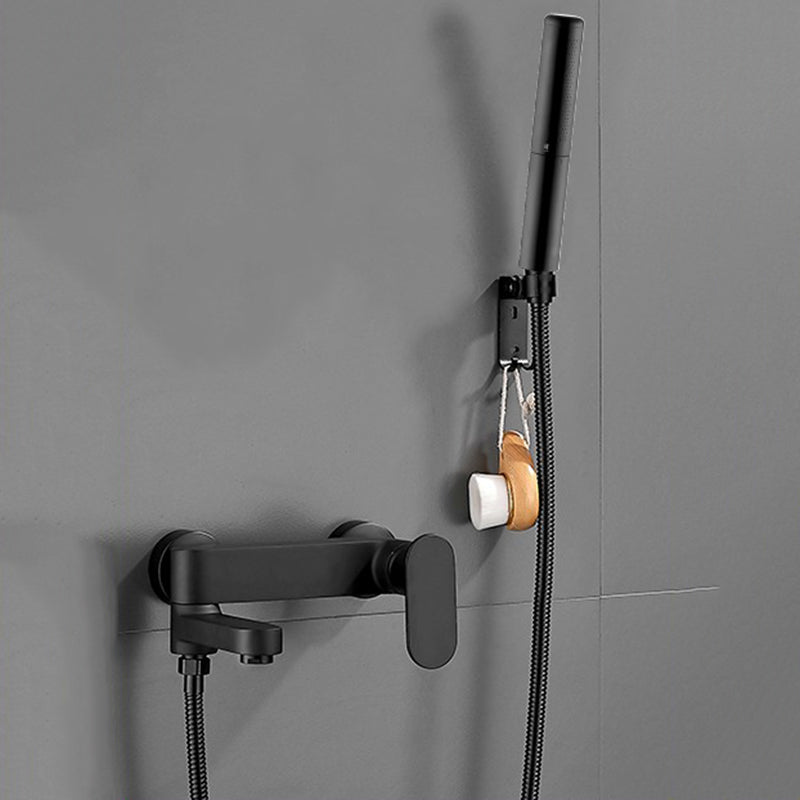 Modern Tub Filler Swivel Spout Wall Mounted Bath Faucet Trim Black Pressurized Shower Head Risers Not Included Clearhalo 'Bathroom Remodel & Bathroom Fixtures' 'Bathtub Faucets' 'bathtub_faucets' 'Home Improvement' 'home_improvement' 'home_improvement_bathtub_faucets' 7385844