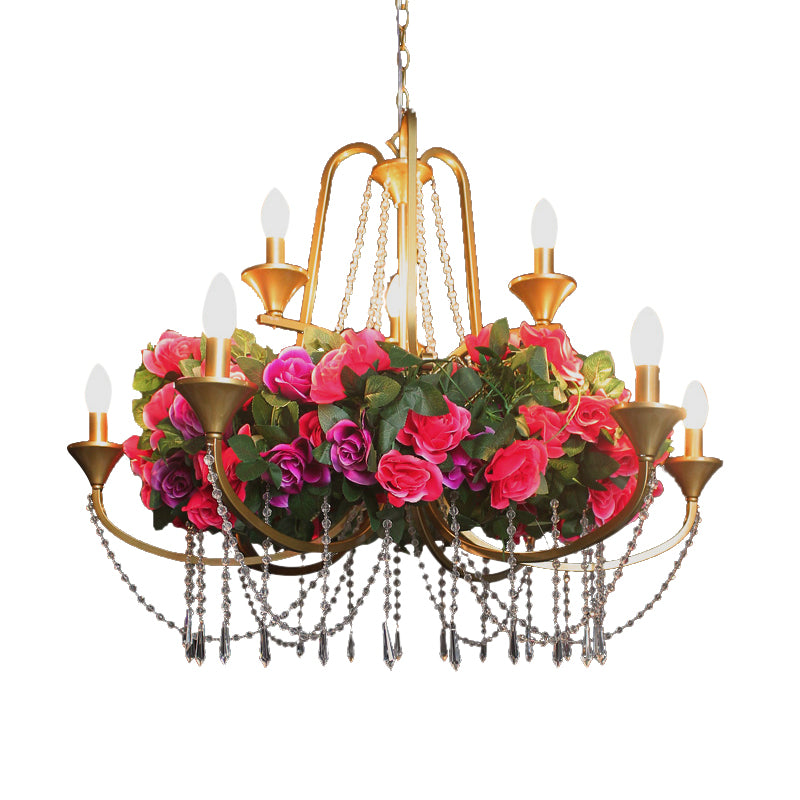 9 Lights Pendant Chandelier Antique Candelabra Iron Flower Ceiling Hang Fixture with Clear Crystal in Gold Clearhalo 'Cast Iron' 'Ceiling Lights' 'Chandeliers' 'Industrial Chandeliers' 'Industrial' 'Metal' 'Middle Century Chandeliers' 'Rustic Chandeliers' 'Tiffany' Lighting' 738587
