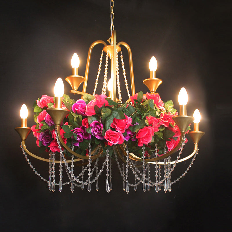9 Lights Pendant Chandelier Antique Candelabra Iron Flower Ceiling Hang Fixture with Clear Crystal in Gold Clearhalo 'Cast Iron' 'Ceiling Lights' 'Chandeliers' 'Industrial Chandeliers' 'Industrial' 'Metal' 'Middle Century Chandeliers' 'Rustic Chandeliers' 'Tiffany' Lighting' 738588