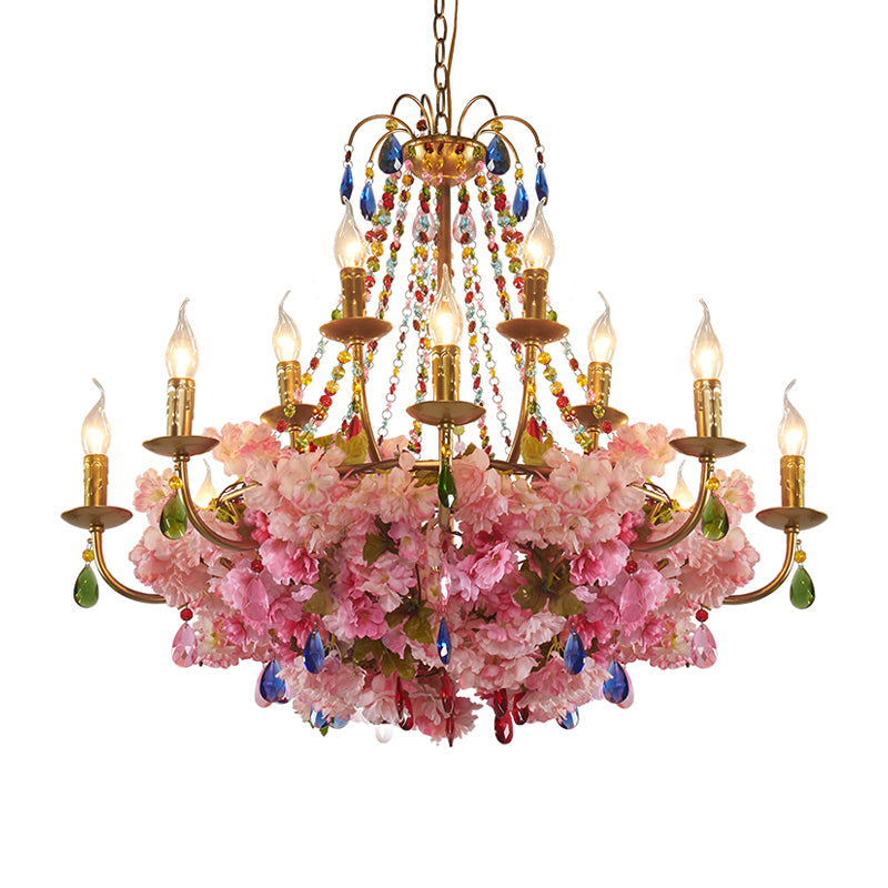 Candlestick Restaurant Hanging Chandelier Antique Iron 6/12 Lights Gold Flower Pendant with Colorful Crystal Clearhalo 'Cast Iron' 'Ceiling Lights' 'Chandeliers' 'Industrial Chandeliers' 'Industrial' 'Metal' 'Middle Century Chandeliers' 'Rustic Chandeliers' 'Tiffany' Lighting' 738591