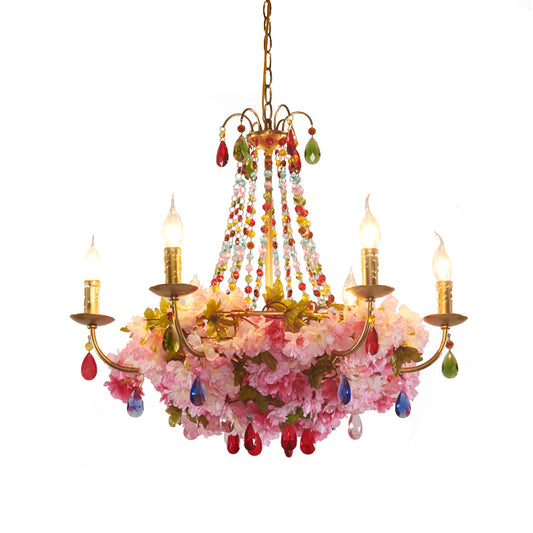 Candlestick Restaurant Hanging Chandelier Antique Iron 6/12 Lights Gold Flower Pendant with Colorful Crystal Clearhalo 'Cast Iron' 'Ceiling Lights' 'Chandeliers' 'Industrial Chandeliers' 'Industrial' 'Metal' 'Middle Century Chandeliers' 'Rustic Chandeliers' 'Tiffany' Lighting' 738596