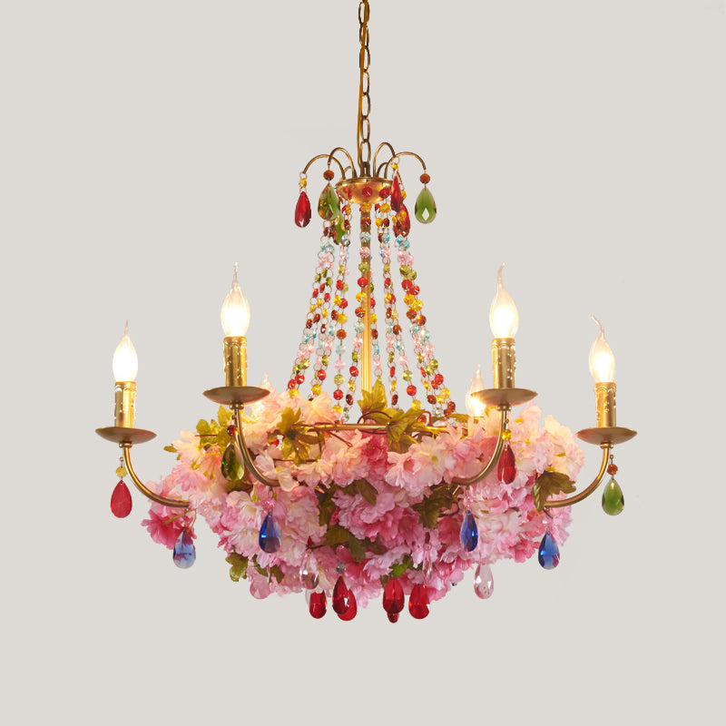 Candlestick Restaurant Hanging Chandelier Antique Iron 6/12 Lights Gold Flower Pendant with Colorful Crystal Clearhalo 'Cast Iron' 'Ceiling Lights' 'Chandeliers' 'Industrial Chandeliers' 'Industrial' 'Metal' 'Middle Century Chandeliers' 'Rustic Chandeliers' 'Tiffany' Lighting' 738597