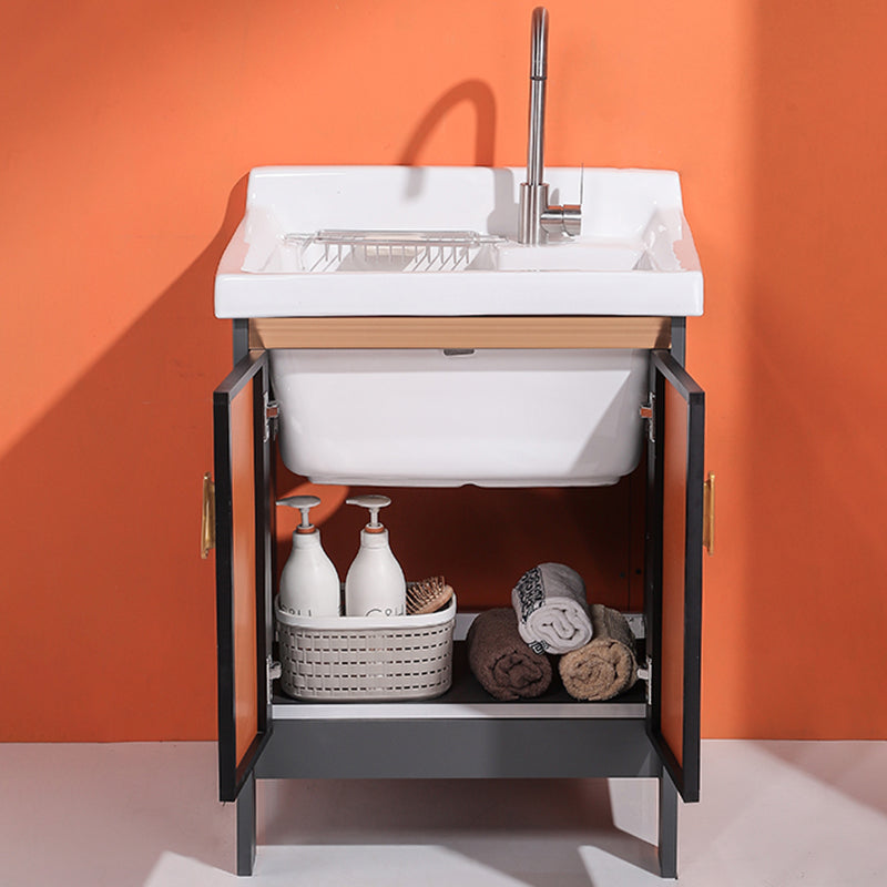 2 Doors Bathroom Vanity Freestanding Grey Rectangular Single Sink Metal Frame Bath Vanity Clearhalo 'Bathroom Remodel & Bathroom Fixtures' 'Bathroom Vanities' 'bathroom_vanities' 'Home Improvement' 'home_improvement' 'home_improvement_bathroom_vanities' 7385970