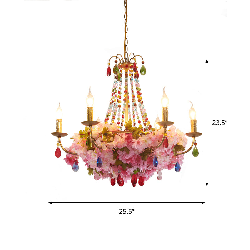 Candlestick Restaurant Hanging Chandelier Antique Iron 6/12 Lights Gold Flower Pendant with Colorful Crystal Clearhalo 'Cast Iron' 'Ceiling Lights' 'Chandeliers' 'Industrial Chandeliers' 'Industrial' 'Metal' 'Middle Century Chandeliers' 'Rustic Chandeliers' 'Tiffany' Lighting' 738598