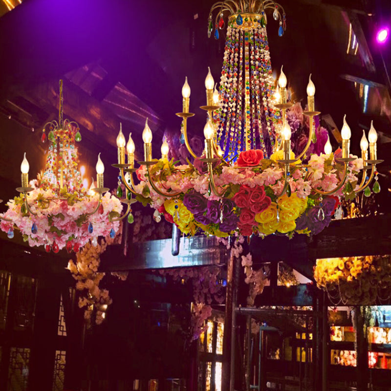 Gold Candle Hanging Chandelier Retro Iron 6/12 Bulbs Restaurant Flower Pendant Light with Crystal Decor Clearhalo 'Cast Iron' 'Ceiling Lights' 'Chandeliers' 'Industrial Chandeliers' 'Industrial' 'Metal' 'Middle Century Chandeliers' 'Rustic Chandeliers' 'Tiffany' Lighting' 738599