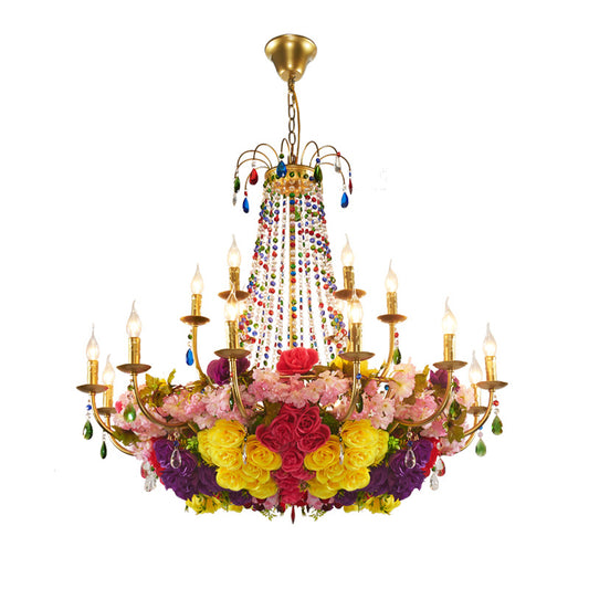Gold Candle Hanging Chandelier Retro Iron 6/12 Bulbs Restaurant Flower Pendant Light with Crystal Decor 12 Gold Clearhalo 'Cast Iron' 'Ceiling Lights' 'Chandeliers' 'Industrial Chandeliers' 'Industrial' 'Metal' 'Middle Century Chandeliers' 'Rustic Chandeliers' 'Tiffany' Lighting' 738600