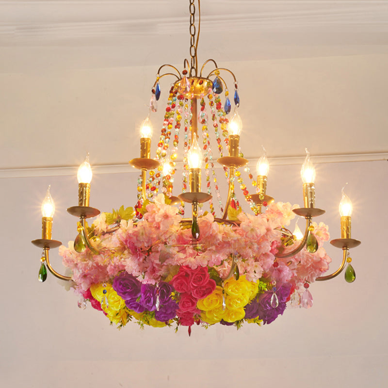 Gold Candle Hanging Chandelier Retro Iron 6/12 Bulbs Restaurant Flower Pendant Light with Crystal Decor Clearhalo 'Cast Iron' 'Ceiling Lights' 'Chandeliers' 'Industrial Chandeliers' 'Industrial' 'Metal' 'Middle Century Chandeliers' 'Rustic Chandeliers' 'Tiffany' Lighting' 738601