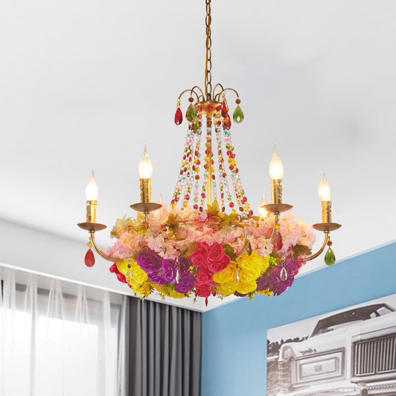 Gold Candle Hanging Chandelier Retro Iron 6/12 Bulbs Restaurant Flower Pendant Light with Crystal Decor Clearhalo 'Cast Iron' 'Ceiling Lights' 'Chandeliers' 'Industrial Chandeliers' 'Industrial' 'Metal' 'Middle Century Chandeliers' 'Rustic Chandeliers' 'Tiffany' Lighting' 738604