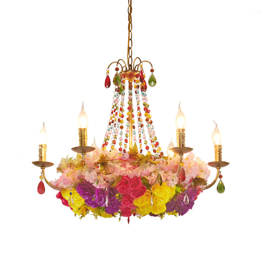 Gold Candle Hanging Chandelier Retro Iron 6/12 Bulbs Restaurant Flower Pendant Light with Crystal Decor Clearhalo 'Cast Iron' 'Ceiling Lights' 'Chandeliers' 'Industrial Chandeliers' 'Industrial' 'Metal' 'Middle Century Chandeliers' 'Rustic Chandeliers' 'Tiffany' Lighting' 738605