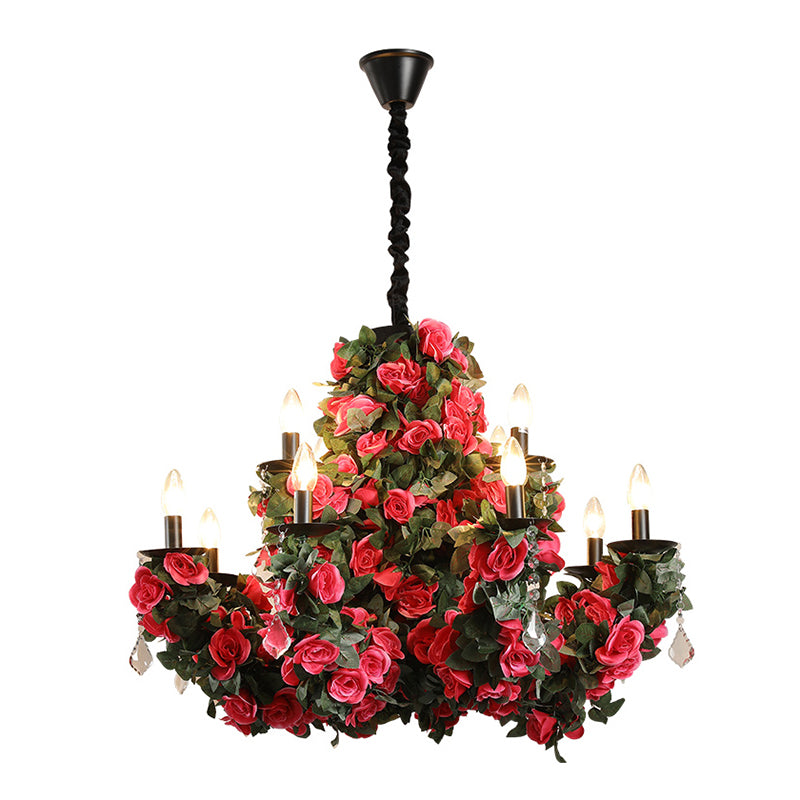 12-Bulb Hanging Chandelier Retro Candle Iron Flower Ceiling Pendant in Red with Clear Crystal Accent Clearhalo 'Cast Iron' 'Ceiling Lights' 'Chandeliers' 'Industrial Chandeliers' 'Industrial' 'Metal' 'Middle Century Chandeliers' 'Rustic Chandeliers' 'Tiffany' Lighting' 738609
