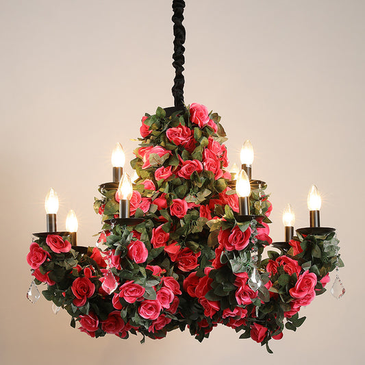 12-Bulb Hanging Chandelier Retro Candle Iron Flower Ceiling Pendant in Red with Clear Crystal Accent Clearhalo 'Cast Iron' 'Ceiling Lights' 'Chandeliers' 'Industrial Chandeliers' 'Industrial' 'Metal' 'Middle Century Chandeliers' 'Rustic Chandeliers' 'Tiffany' Lighting' 738610