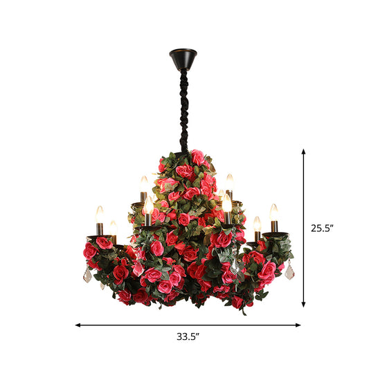 12-Bulb Hanging Chandelier Retro Candle Iron Flower Ceiling Pendant in Red with Clear Crystal Accent Clearhalo 'Cast Iron' 'Ceiling Lights' 'Chandeliers' 'Industrial Chandeliers' 'Industrial' 'Metal' 'Middle Century Chandeliers' 'Rustic Chandeliers' 'Tiffany' Lighting' 738611