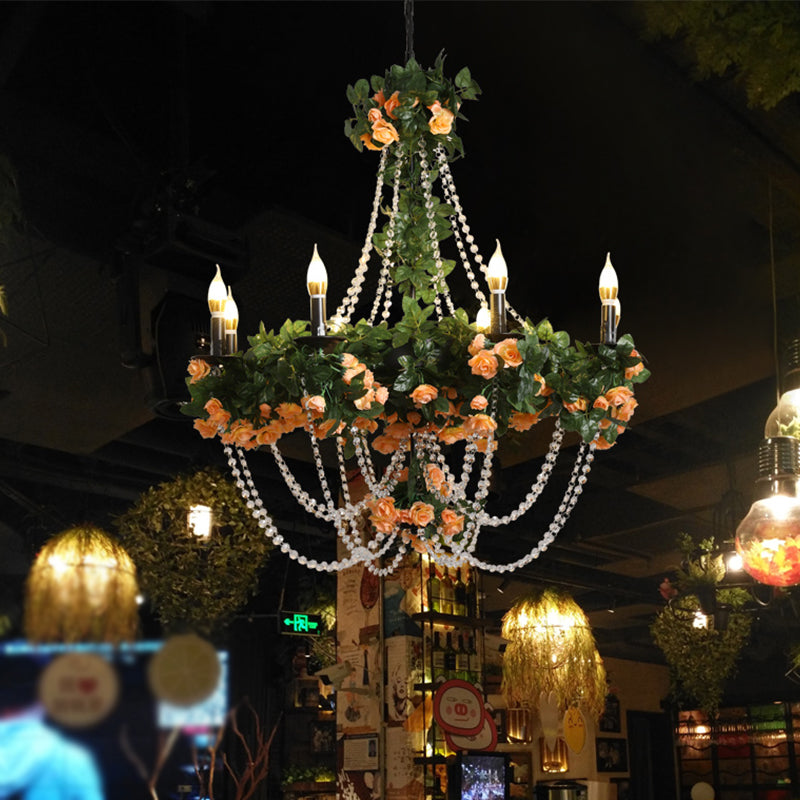 Black Candle Ceiling Chandelier Retro Iron 8 Lights Restaurant Plant Pendant Light with Crystal Accent Black Clearhalo 'Cast Iron' 'Ceiling Lights' 'Chandeliers' 'Industrial Chandeliers' 'Industrial' 'Metal' 'Middle Century Chandeliers' 'Rustic Chandeliers' 'Tiffany' Lighting' 738612