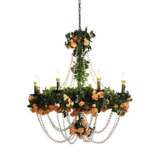 Black Candle Ceiling Chandelier Retro Iron 8 Lights Restaurant Plant Pendant Light with Crystal Accent Clearhalo 'Cast Iron' 'Ceiling Lights' 'Chandeliers' 'Industrial Chandeliers' 'Industrial' 'Metal' 'Middle Century Chandeliers' 'Rustic Chandeliers' 'Tiffany' Lighting' 738613