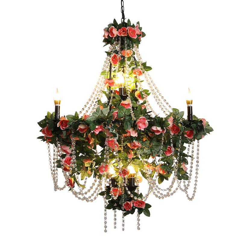Industrial Candlestick Chandelier Light 9 Bulbs Iron Plant Hanging Lamp Kit in Black with Crystal Bead Clearhalo 'Cast Iron' 'Ceiling Lights' 'Chandeliers' 'Industrial Chandeliers' 'Industrial' 'Metal' 'Middle Century Chandeliers' 'Rustic Chandeliers' 'Tiffany' Lighting' 738617