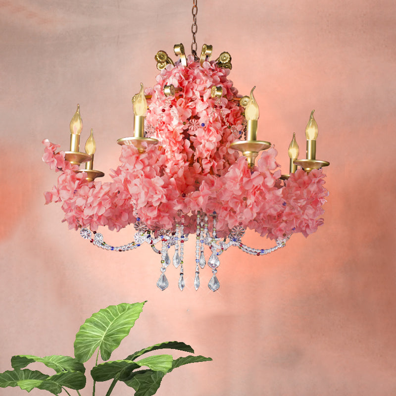 Candlestick Iron Chandelier Lamp Industrial 8 Bulbs Restaurant Flower Suspension Pendant in Pink with Crystal Pink Clearhalo 'Cast Iron' 'Ceiling Lights' 'Chandeliers' 'Industrial Chandeliers' 'Industrial' 'Metal' 'Middle Century Chandeliers' 'Rustic Chandeliers' 'Tiffany' Lighting' 738620
