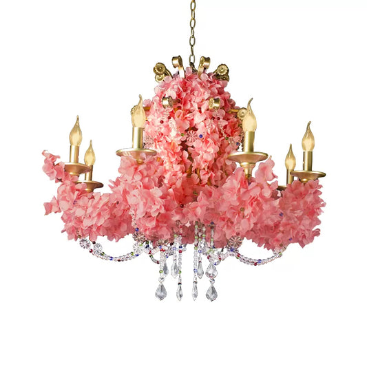 Candlestick Iron Chandelier Lamp Industrial 8 Bulbs Restaurant Flower Suspension Pendant in Pink with Crystal Clearhalo 'Cast Iron' 'Ceiling Lights' 'Chandeliers' 'Industrial Chandeliers' 'Industrial' 'Metal' 'Middle Century Chandeliers' 'Rustic Chandeliers' 'Tiffany' Lighting' 738621