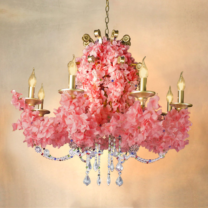 Candlestick Iron Chandelier Lamp Industrial 8 Bulbs Restaurant Flower Suspension Pendant in Pink with Crystal Clearhalo 'Cast Iron' 'Ceiling Lights' 'Chandeliers' 'Industrial Chandeliers' 'Industrial' 'Metal' 'Middle Century Chandeliers' 'Rustic Chandeliers' 'Tiffany' Lighting' 738622