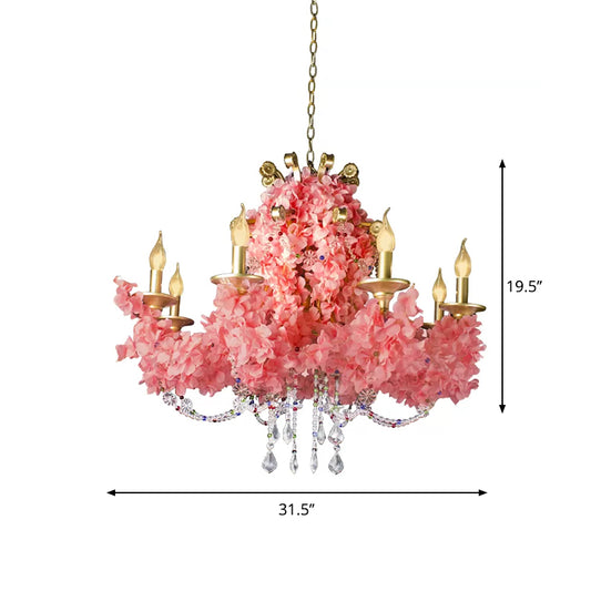 Candlestick Iron Chandelier Lamp Industrial 8 Bulbs Restaurant Flower Suspension Pendant in Pink with Crystal Clearhalo 'Cast Iron' 'Ceiling Lights' 'Chandeliers' 'Industrial Chandeliers' 'Industrial' 'Metal' 'Middle Century Chandeliers' 'Rustic Chandeliers' 'Tiffany' Lighting' 738623