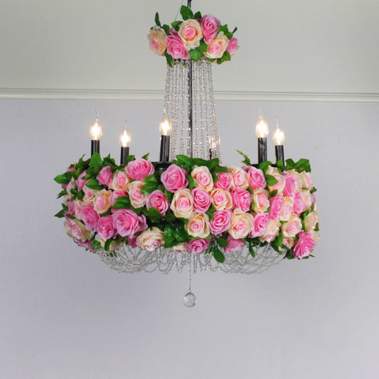 Farmhouse Candelabra Chandelier Lighting 6-Head Iron Flower Ceiling Light in Pink with Crystal Accent Clearhalo 'Cast Iron' 'Ceiling Lights' 'Chandeliers' 'Industrial Chandeliers' 'Industrial' 'Metal' 'Middle Century Chandeliers' 'Rustic Chandeliers' 'Tiffany' Lighting' 738625