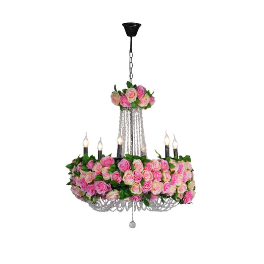 Farmhouse Candelabra Chandelier Lighting 6-Head Iron Flower Ceiling Light in Pink with Crystal Accent Clearhalo 'Cast Iron' 'Ceiling Lights' 'Chandeliers' 'Industrial Chandeliers' 'Industrial' 'Metal' 'Middle Century Chandeliers' 'Rustic Chandeliers' 'Tiffany' Lighting' 738626