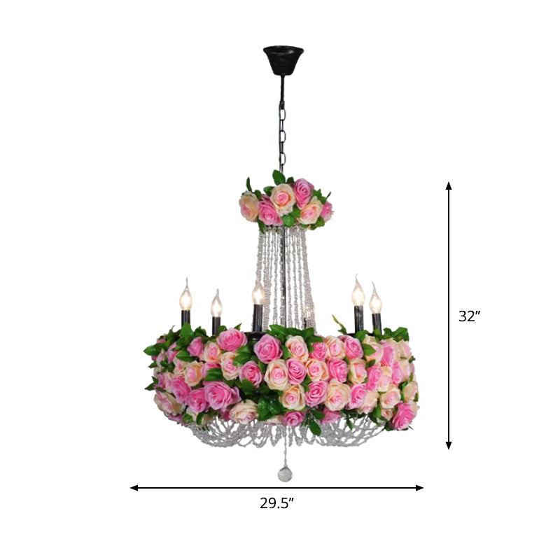 Farmhouse Candelabra Chandelier Lighting 6-Head Iron Flower Ceiling Light in Pink with Crystal Accent Clearhalo 'Cast Iron' 'Ceiling Lights' 'Chandeliers' 'Industrial Chandeliers' 'Industrial' 'Metal' 'Middle Century Chandeliers' 'Rustic Chandeliers' 'Tiffany' Lighting' 738627