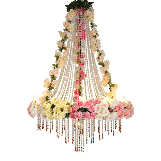 White 10 Heads Hanging Chandelier Industrial Crystal Raindrop Ceiling Lamp with Flower Decoration Clearhalo 'Ceiling Lights' 'Chandeliers' 'Industrial Chandeliers' 'Industrial' 'Middle Century Chandeliers' 'Tiffany' Lighting' 738633