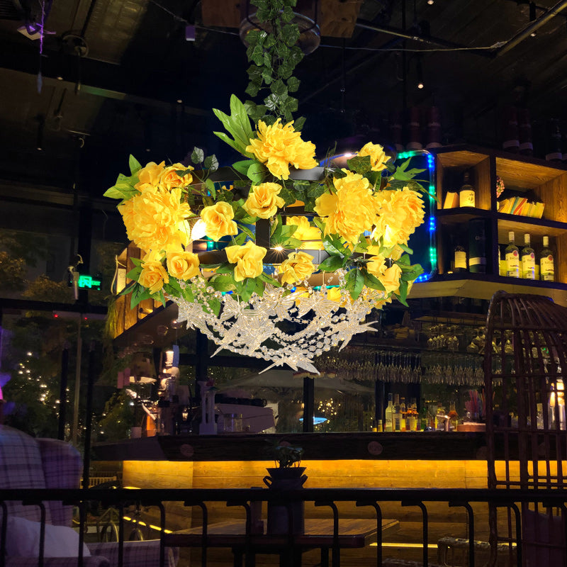 Yellow Round Cage Ceiling Chandelier Industrial Iron 3-Light Restaurant Flower Pendant Lamp with Crystal Yellow Clearhalo 'Cast Iron' 'Ceiling Lights' 'Chandeliers' 'Industrial Chandeliers' 'Industrial' 'Metal' 'Middle Century Chandeliers' 'Rustic Chandeliers' 'Tiffany' Lighting' 738636