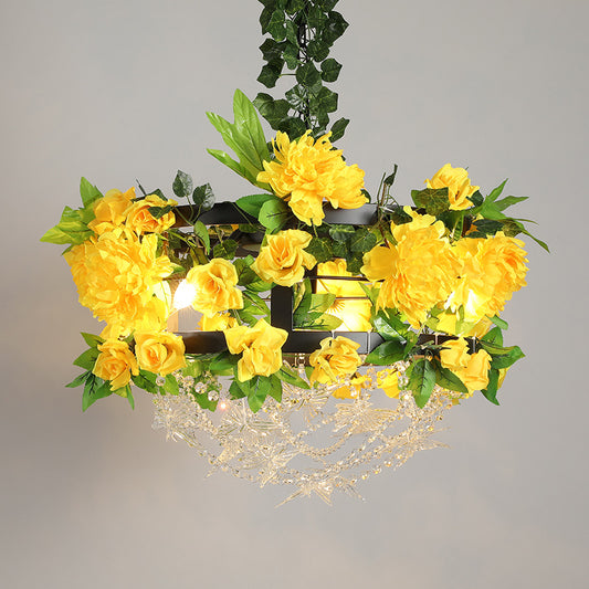 Yellow Round Cage Ceiling Chandelier Industrial Iron 3-Light Restaurant Flower Pendant Lamp with Crystal Clearhalo 'Cast Iron' 'Ceiling Lights' 'Chandeliers' 'Industrial Chandeliers' 'Industrial' 'Metal' 'Middle Century Chandeliers' 'Rustic Chandeliers' 'Tiffany' Lighting' 738638