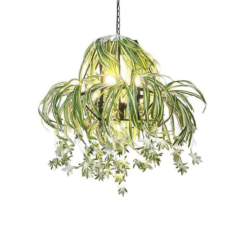 Farm Circular Cage Chandelier Light 5 Bulbs Iron Pendant Lighting Fixture in Green with Flower Decor Clearhalo 'Cast Iron' 'Ceiling Lights' 'Chandeliers' 'Industrial Chandeliers' 'Industrial' 'Metal' 'Middle Century Chandeliers' 'Rustic Chandeliers' 'Tiffany' Lighting' 738641