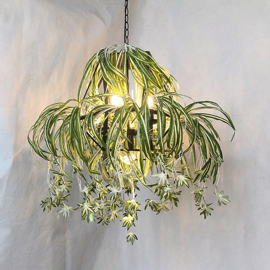 Farm Circular Cage Chandelier Light 5 Bulbs Iron Pendant Lighting Fixture in Green with Flower Decor Clearhalo 'Cast Iron' 'Ceiling Lights' 'Chandeliers' 'Industrial Chandeliers' 'Industrial' 'Metal' 'Middle Century Chandeliers' 'Rustic Chandeliers' 'Tiffany' Lighting' 738642