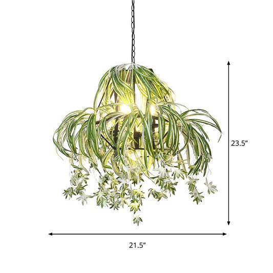 Farm Circular Cage Chandelier Light 5 Bulbs Iron Pendant Lighting Fixture in Green with Flower Decor Clearhalo 'Cast Iron' 'Ceiling Lights' 'Chandeliers' 'Industrial Chandeliers' 'Industrial' 'Metal' 'Middle Century Chandeliers' 'Rustic Chandeliers' 'Tiffany' Lighting' 738643