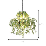 Farm Circular Cage Chandelier Light 5 Bulbs Iron Pendant Lighting Fixture in Green with Flower Decor Clearhalo 'Cast Iron' 'Ceiling Lights' 'Chandeliers' 'Industrial Chandeliers' 'Industrial' 'Metal' 'Middle Century Chandeliers' 'Rustic Chandeliers' 'Tiffany' Lighting' 738643