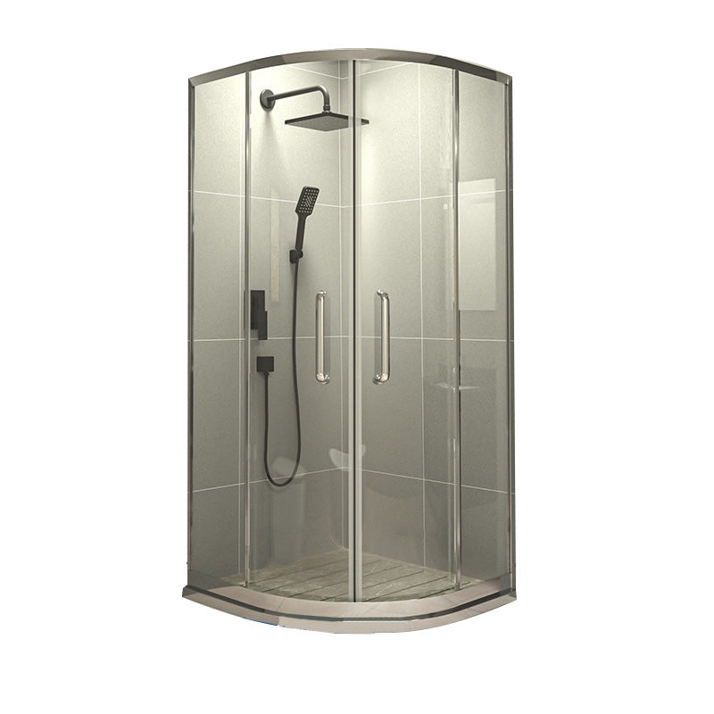 Transparent Shower Bath Door Curved Shower Doors Double Sliding Silver 35.4"L x 35.4"W x 76.8"H Stainless Steel Clearhalo 'Bathroom Remodel & Bathroom Fixtures' 'Home Improvement' 'home_improvement' 'home_improvement_shower_tub_doors' 'Shower and Tub Doors' 'shower_tub_doors' 'Showers & Bathtubs' 7386444