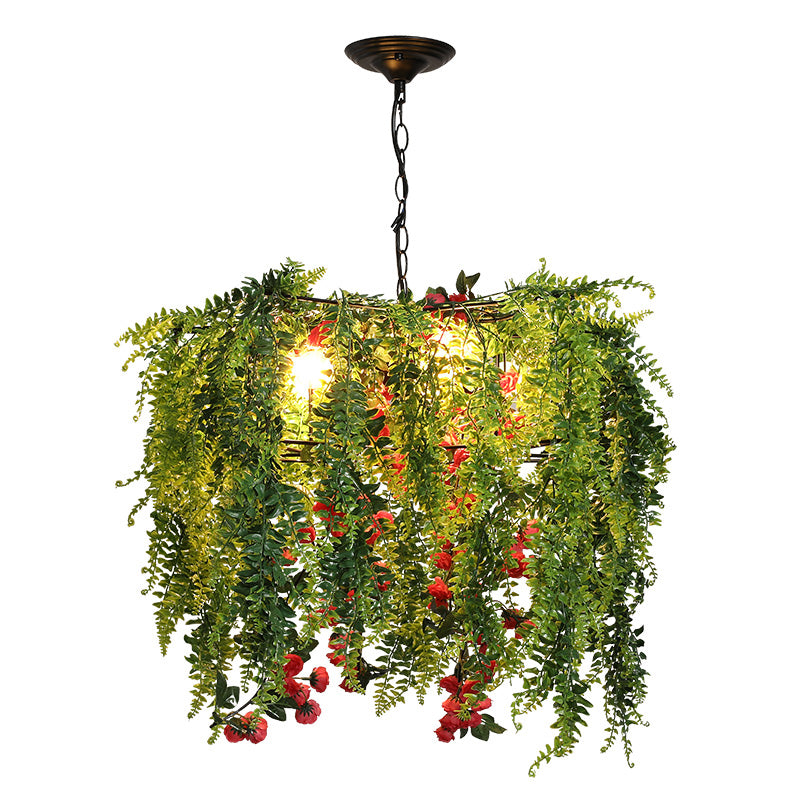 Warehouse Wire Guard Chandelier Lamp 4 Bulbs Iron Hanging Ceiling Light in Green with Plant Decor Clearhalo 'Cast Iron' 'Ceiling Lights' 'Chandeliers' 'Industrial Chandeliers' 'Industrial' 'Metal' 'Middle Century Chandeliers' 'Rustic Chandeliers' 'Tiffany' Lighting' 738645