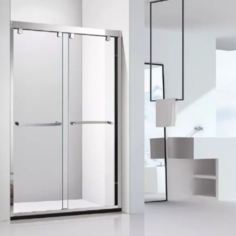 Semi Frameless Dual Move Shower Screen Clear Glass Shower Door Silver 47"L x 79"H Clearhalo 'Bathroom Remodel & Bathroom Fixtures' 'Home Improvement' 'home_improvement' 'home_improvement_shower_tub_doors' 'Shower and Tub Doors' 'shower_tub_doors' 'Showers & Bathtubs' 7386456
