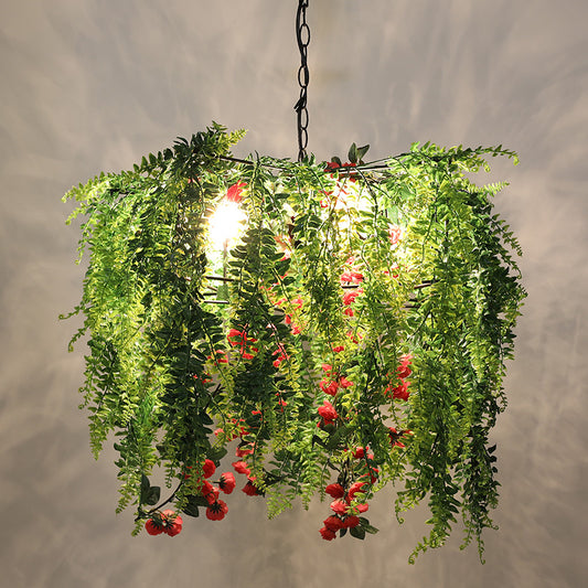 Warehouse Wire Guard Chandelier Lamp 4 Bulbs Iron Hanging Ceiling Light in Green with Plant Decor Clearhalo 'Cast Iron' 'Ceiling Lights' 'Chandeliers' 'Industrial Chandeliers' 'Industrial' 'Metal' 'Middle Century Chandeliers' 'Rustic Chandeliers' 'Tiffany' Lighting' 738646