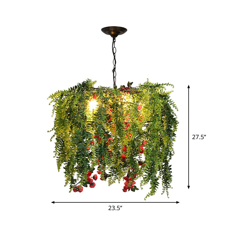 Warehouse Wire Guard Chandelier Lamp 4 Bulbs Iron Hanging Ceiling Light in Green with Plant Decor Clearhalo 'Cast Iron' 'Ceiling Lights' 'Chandeliers' 'Industrial Chandeliers' 'Industrial' 'Metal' 'Middle Century Chandeliers' 'Rustic Chandeliers' 'Tiffany' Lighting' 738647