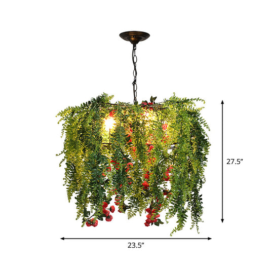 Warehouse Wire Guard Chandelier Lamp 4 Bulbs Iron Hanging Ceiling Light in Green with Plant Decor Clearhalo 'Cast Iron' 'Ceiling Lights' 'Chandeliers' 'Industrial Chandeliers' 'Industrial' 'Metal' 'Middle Century Chandeliers' 'Rustic Chandeliers' 'Tiffany' Lighting' 738647