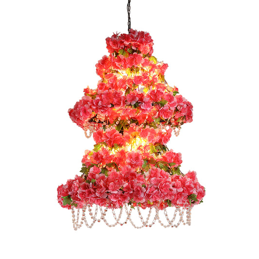 Loft Dual Cone Cage Chandelier 6 Heads Iron Flower Suspended Lighting Fixture in Pink with Crystal Accent Clearhalo 'Cast Iron' 'Ceiling Lights' 'Chandeliers' 'Industrial Chandeliers' 'Industrial' 'Metal' 'Middle Century Chandeliers' 'Rustic Chandeliers' 'Tiffany' Lighting' 738662