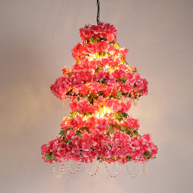 Loft Dual Cone Cage Chandelier 6 Heads Iron Flower Suspended Lighting Fixture in Pink with Crystal Accent Clearhalo 'Cast Iron' 'Ceiling Lights' 'Chandeliers' 'Industrial Chandeliers' 'Industrial' 'Metal' 'Middle Century Chandeliers' 'Rustic Chandeliers' 'Tiffany' Lighting' 738663