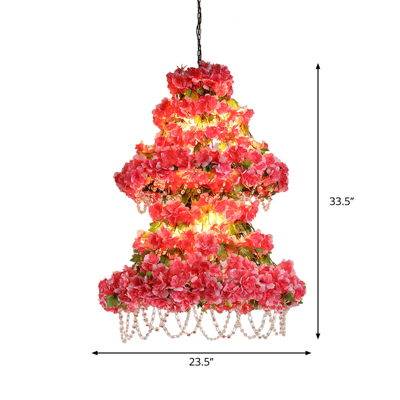 Loft Dual Cone Cage Chandelier 6 Heads Iron Flower Suspended Lighting Fixture in Pink with Crystal Accent Clearhalo 'Cast Iron' 'Ceiling Lights' 'Chandeliers' 'Industrial Chandeliers' 'Industrial' 'Metal' 'Middle Century Chandeliers' 'Rustic Chandeliers' 'Tiffany' Lighting' 738664