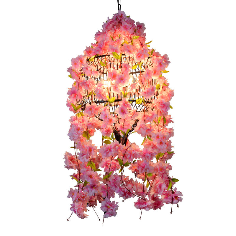 Drum Cage Iron Hanging Chandelier Industrial 3 Lights Restaurant Flower Suspension Lamp in Pink Clearhalo 'Cast Iron' 'Ceiling Lights' 'Chandeliers' 'Industrial Chandeliers' 'Industrial' 'Metal' 'Middle Century Chandeliers' 'Rustic Chandeliers' 'Tiffany' Lighting' 738667