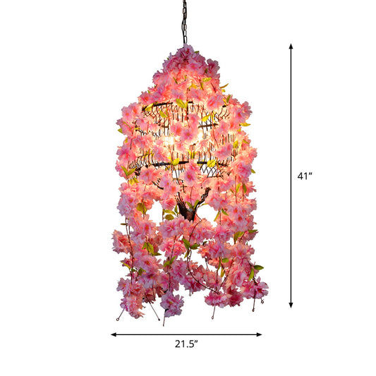 Drum Cage Iron Hanging Chandelier Industrial 3 Lights Restaurant Flower Suspension Lamp in Pink Clearhalo 'Cast Iron' 'Ceiling Lights' 'Chandeliers' 'Industrial Chandeliers' 'Industrial' 'Metal' 'Middle Century Chandeliers' 'Rustic Chandeliers' 'Tiffany' Lighting' 738668
