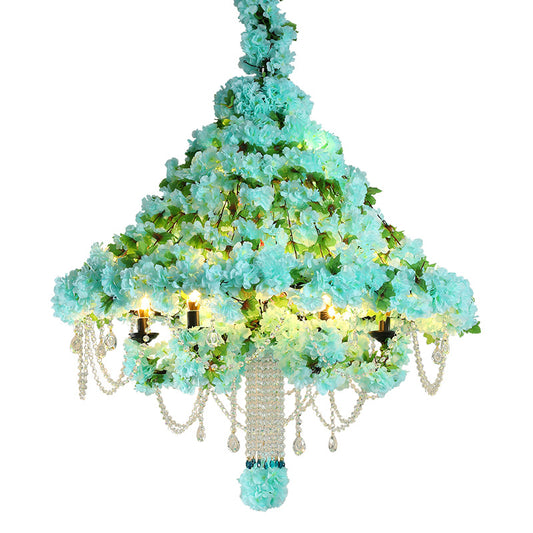 6-Head Conical Cage Chandelier Industrial Blue Iron Flower Ceiling Pendant with Dangling Crystal Clearhalo 'Cast Iron' 'Ceiling Lights' 'Chandeliers' 'Industrial Chandeliers' 'Industrial' 'Metal' 'Middle Century Chandeliers' 'Rustic Chandeliers' 'Tiffany' Lighting' 738670