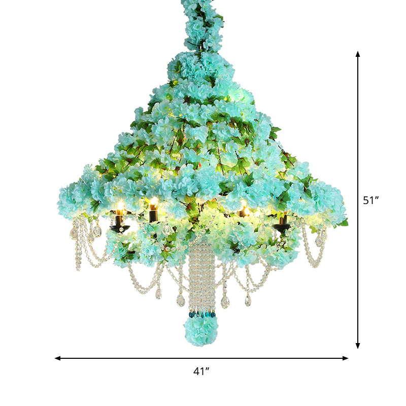 6-Head Conical Cage Chandelier Industrial Blue Iron Flower Ceiling Pendant with Dangling Crystal Clearhalo 'Cast Iron' 'Ceiling Lights' 'Chandeliers' 'Industrial Chandeliers' 'Industrial' 'Metal' 'Middle Century Chandeliers' 'Rustic Chandeliers' 'Tiffany' Lighting' 738672