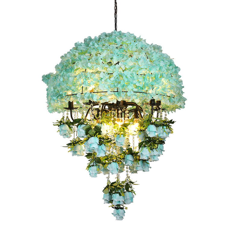 10 Bulbs Iron Ceiling Chandelier Industrial Blue Bowl Wire Cage Flower Suspension Light with Crystal Decor Clearhalo 'Cast Iron' 'Ceiling Lights' 'Chandeliers' 'Industrial Chandeliers' 'Industrial' 'Metal' 'Middle Century Chandeliers' 'Rustic Chandeliers' 'Tiffany' Lighting' 738674